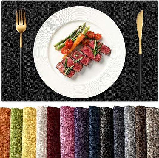 KXN Placemats Set of 8, Dual-Layer Thickened Faux Linen Table Mats, Heat Resistant & Wrinkle-Free, Machine Washable Cloth Place Mats for Kitchen Dining Indoor Outdoor (Black)