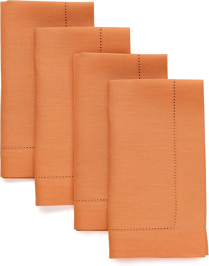 Solino Home Linen Napkins Set of 4 - Classic Hemstitch 100% Pure Linen Pumpkin Dinner Napkins Cloth 20 x 20 Inch for Fall, Autumn, Thanksgiving, Holiday - Handcrafted and Machine Washable