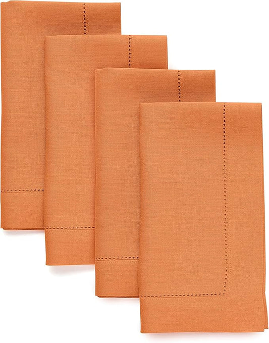 Solino Home Linen Napkins Set of 4 - Classic Hemstitch 100% Pure Linen Pumpkin Dinner Napkins Cloth 20 x 20 Inch for Fall, Autumn, Thanksgiving, Holiday - Handcrafted and Machine Washable