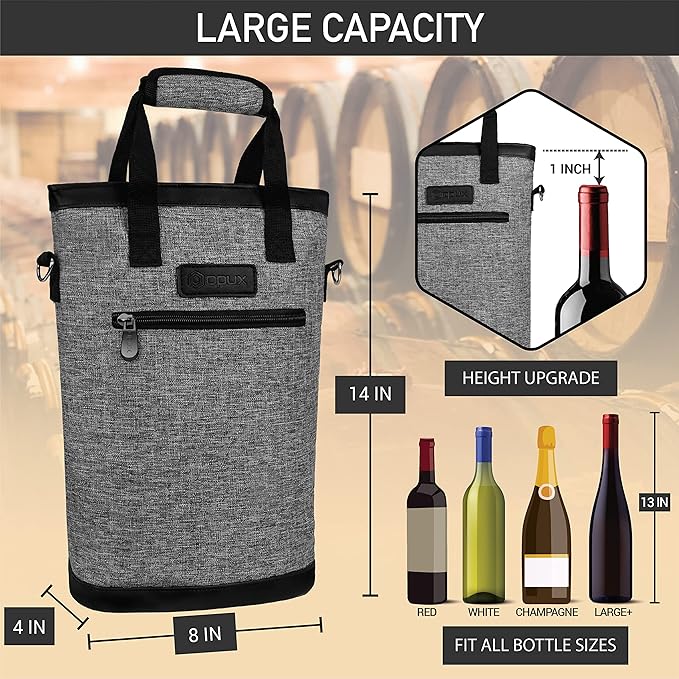 opux Two Bottle Wine Bag Carrier Tote, Insulated Leakproof 2 Bottle Wine Cooler Bag for Travel BYOB Picnic, Portable Wine Case, Gift for Men Women Wine Lover Birthday Party Christmas, Heather Grey