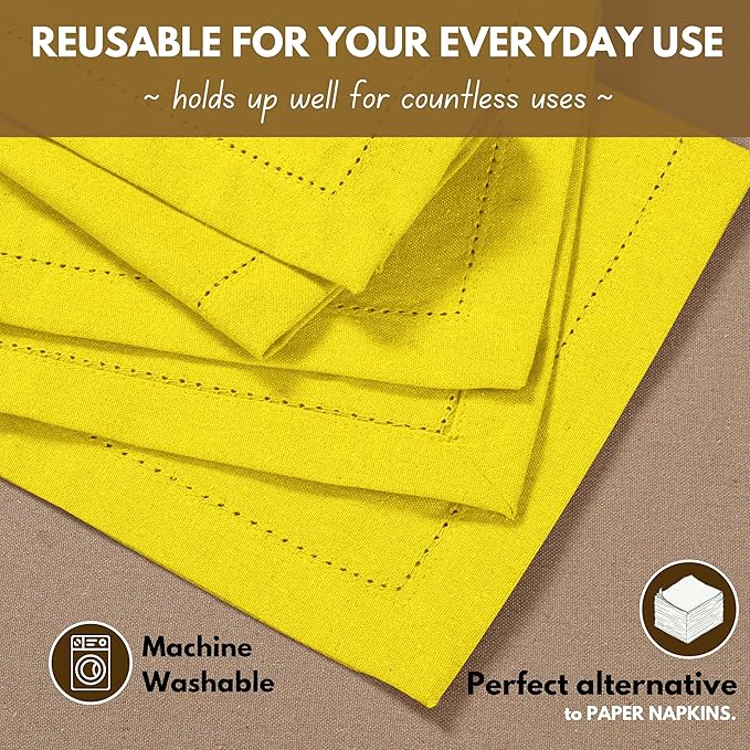 Native Fab Yellow Cloth Napkins, 100% Cotton, Set of 12, Hemstitch Corners, 18x18 inch, Soft, Durable, Reusable, Premium Hotel Quality - Events, Wedding, Table, Dinner Napkins - Lemon Yellow