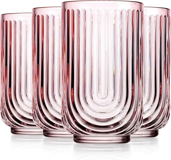Glaver's Vintage Glassware Art Deco Highball Glasses Set of 4 Blush Ribbed Drinking Glasses 17 Oz U-Shape Arch Design Colored Cocktail Kitchen Tumblers Everyday Dinner Decorative Party, Pink