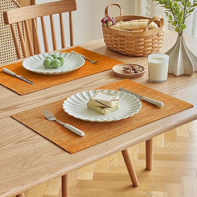 Softalker Faux Linen Placemats Set of 8-12 x 18 Inch, Heat Resistant Double Layered Durable Burlap Farmhouse Place Mats, Non-Slip Washable Rustic Table Mats for Dining, Kitchen, Party（Orange