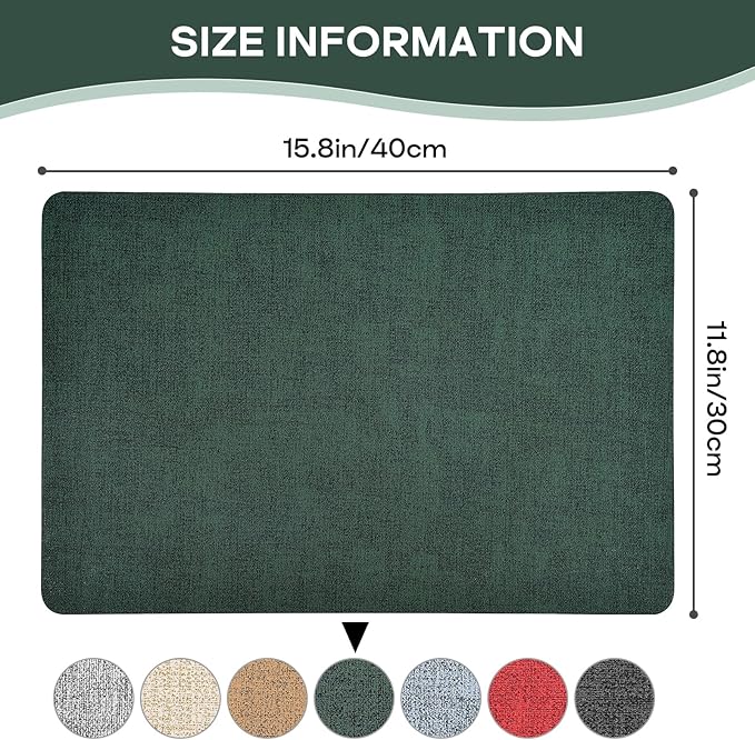 Vinly Placemats Set of 6 - Waterproof Wipeable Faux Leather Table Place Mats Heat Resistant Anti Slip Table Mats for Dining, Indoor, Outdoor, 15.8" x 11.8" (Dark Green)