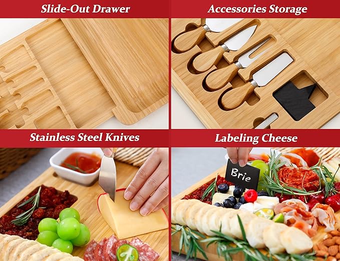 Easoger Cheese Board, Large Charcuterie Board Set, Bamboo Serving Platter, 4 Serving Knives and Utensils - House Warming Gifts, Wedding Gifts for Couples, Birthday Gift for Women or Men