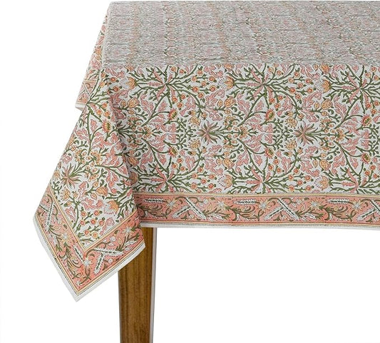 Ridhi Sassy Salmon Pink Hand Block Print Cotton Rectangle Tablecloth 108 x 60 inch-Reusable Table Cover Decorative Everyday Use for Dining Room, Farmhouse, Thanksgiving, Christmas Wedding, Fall