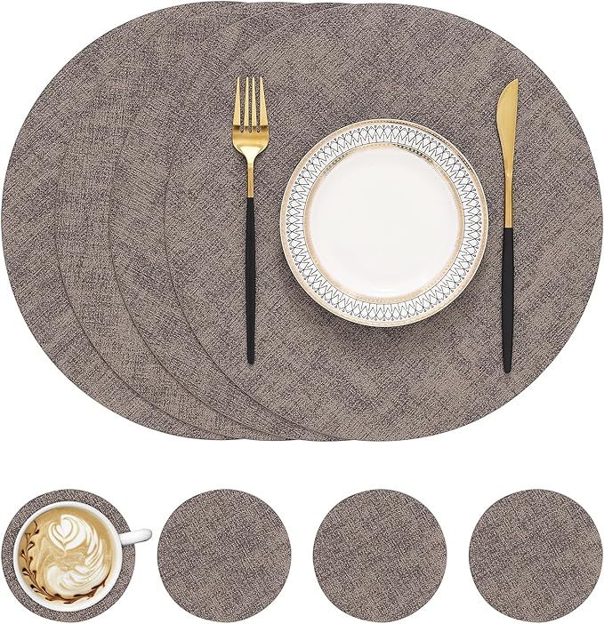 homing Round Faux Leather Placemat and Coaster 4 Packs, Washable Heat Resistant Dining Place Mats, Wipeable Double-Sided Table Mats for Indoor and Outdoor, Diameter 13 and 3.93 inch, Brown