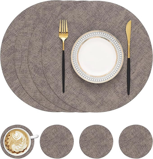 homing Round Faux Leather Placemat and Coaster 4 Packs, Washable Heat Resistant Dining Place Mats, Wipeable Double-Sided Table Mats for Indoor and Outdoor, Diameter 13 and 3.93 inch, Brown