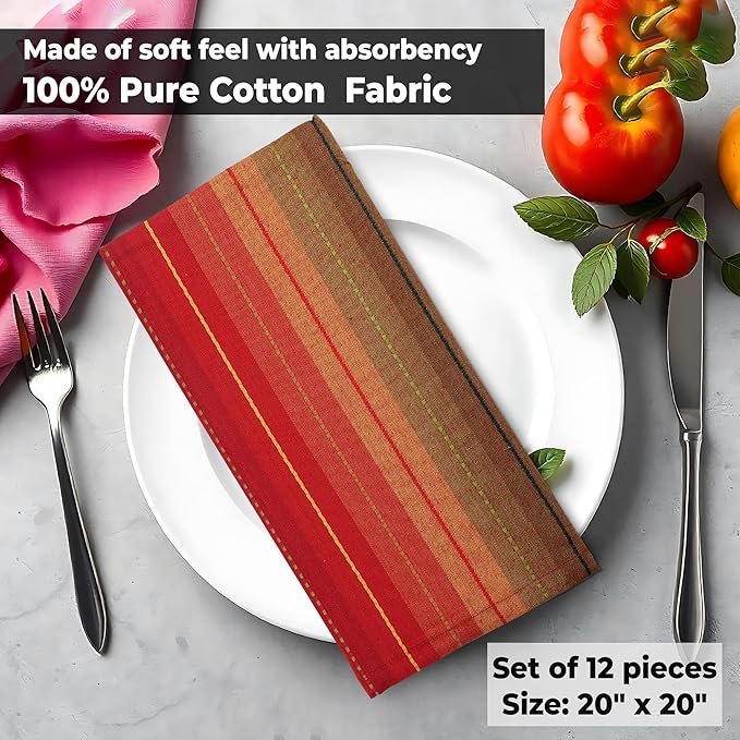 Urban Villa Cloth Napkins Cuisine Stripes 100% Cotton Absorbent Dinner Napkins Set of 12 20x20 Inches Red Multi Color Soft Durable Washable and Reusable Ideal for Everyday Use Wedding Parties Napkins