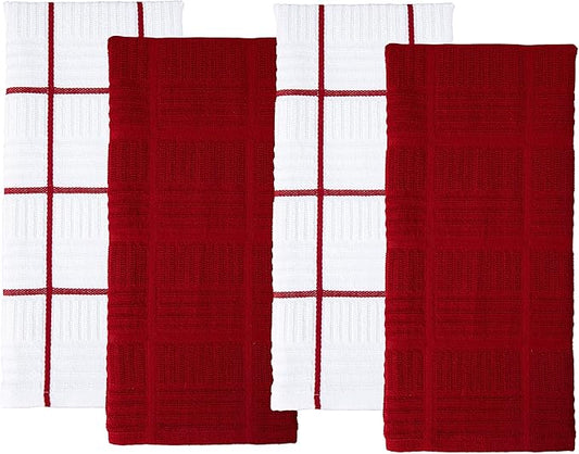 Sticky Toffee Cotton Kitchen Towels Set of 4, Red and White, 28 x 16 in, Absorbent Reusable Hand and Dish Towels, Tea Towels, Oeko-Tex Cotton