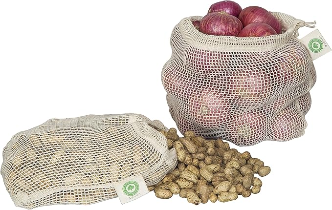 Reusable Mesh Produce Bags made from 100% Organic Cotton - 12"x10", Perfect Reusable Net Vegetable Bags - Washable Fruit, Vegetable & Produce Sacks (3 Medium)