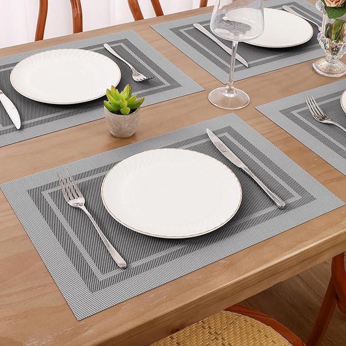 SHACOS Woven Vinyl Placemats Set of 6 Wipe Clean Place Mats for Dining Table Heat Resistant PVC Weave Table Mats Indoor Outdoor (6, Frame Grey)