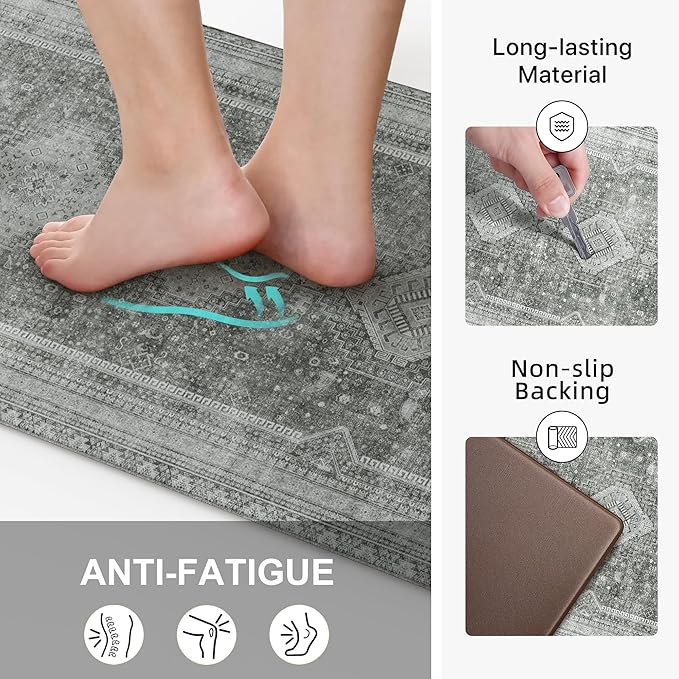 GENIMO Kitchen Mats for Floor 2PCs, Washable Anti Fatigue Mat for Cushioned, 17.3"x47"+17.3"x30", Waterproof Kitchen Rugs, Non Slip Comfort Standing Mat Rug for Home, Sink, Laundry, Grey