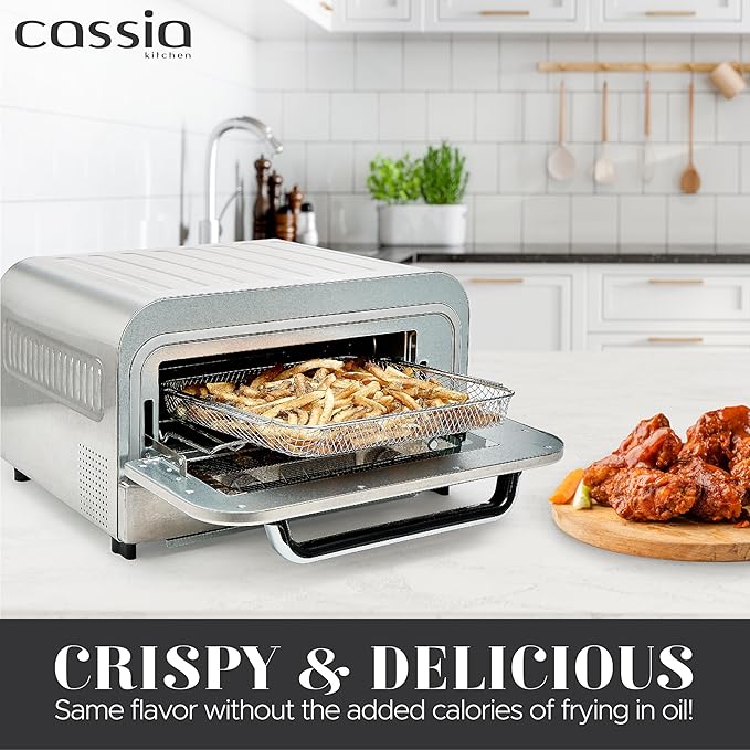 Cassia Countertop Electric Air Fryer Pizza Oven, 12" Capacity, 20L, 1800W, Heats up to 750°F, 16 Presets, Includes Pizza Stone, Peel, Fry Basket, Stainless Steel