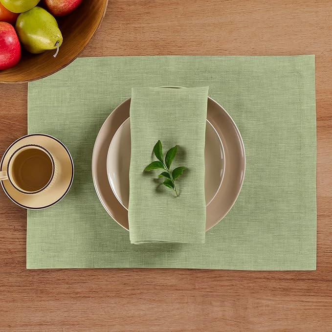 Solino Home Linen Cloth Napkins Set of 4-100% Pure Linen Chambray Olive Dinner Napkins 20 x 20 Inch for Fall, Autumn, Thanksgiving, Christmas - Athena, Handcrafted and Machine Washable