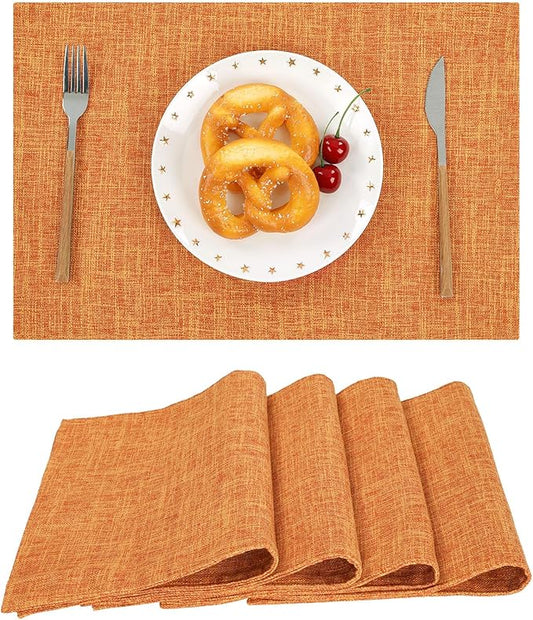 SHACOS Fall Placemats Set of 4 Washable Cloth Double Layer Thick Faux Linen Fabric Table Place Mats Non Slip Table Mats for Thanksgiving Indoor Outdoor, Orange