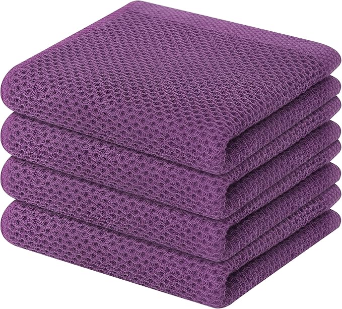 Homaxy 100% Cotton Waffle Weave Kitchen Dish Towels, Ultra Soft Absorbent Quick Drying Cleaning Towel, 13 x 28 Inches, 4-Pack, Purple