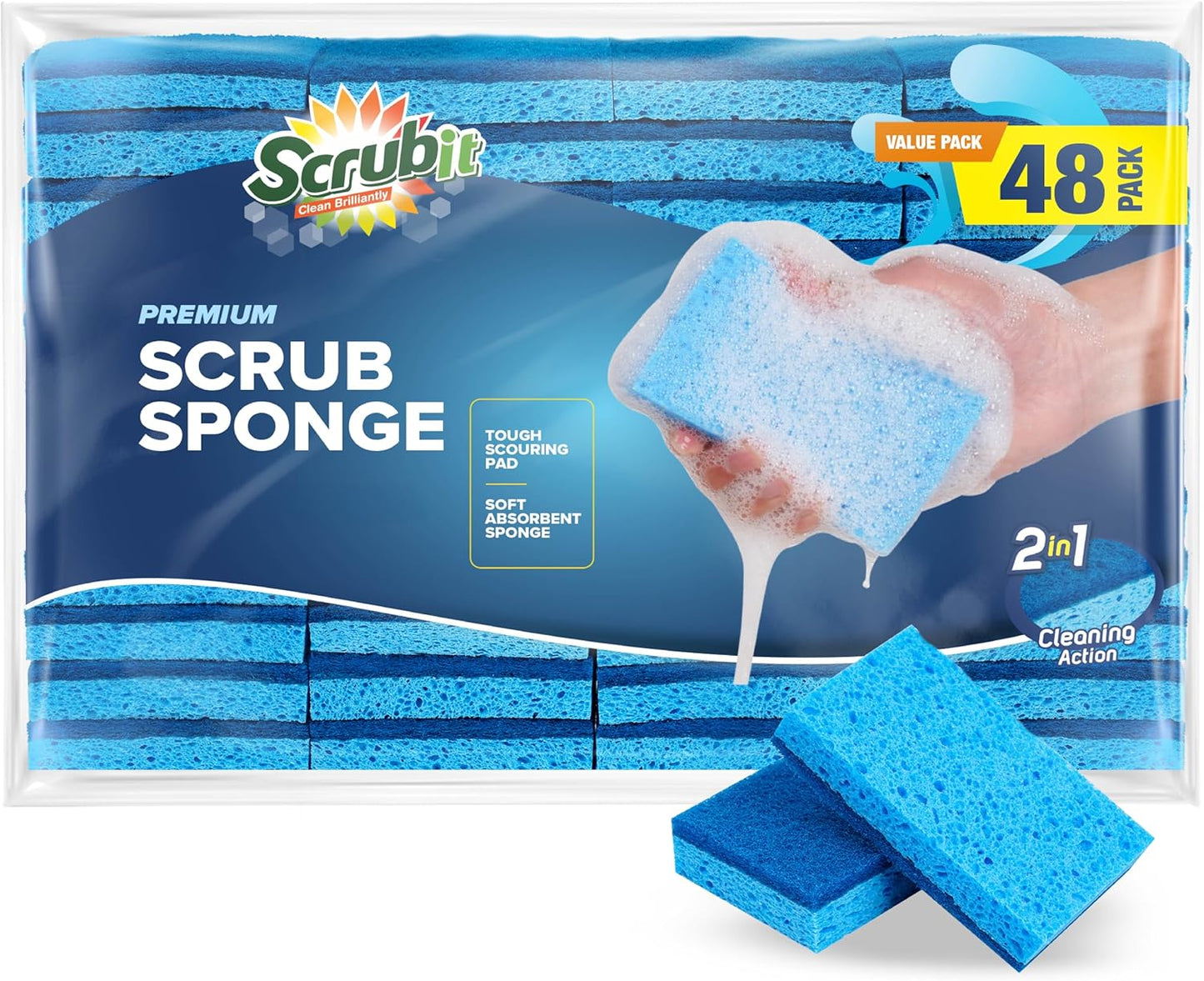 SCRUBIT 48 Pack Kitchen Sponges - Dish Sponge for Washing Dishes, Kitchen & Bathroom – Blue Dishwashing Sponges Along with A Thought Scrubber – Bulk Cleaning sponges Kitchen (Blue)
