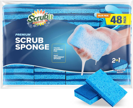 SCRUBIT 48 Pack Kitchen Sponges - Dish Sponge for Washing Dishes, Kitchen & Bathroom – Blue Dishwashing Sponges Along with A Thought Scrubber – Bulk Cleaning sponges Kitchen (Blue)