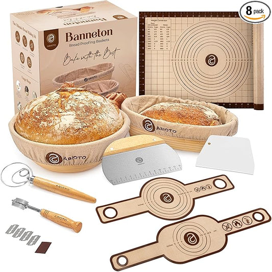 9" Round and 10" Oval Banneton Bread Proofing Baskets and Sourdough Bread Baking Supplies, A Complete Sourdough Kit with Bread Lame, Danish Whish, Bowl & Dough Scraper, 2 Bread Slings, and Baking Mat