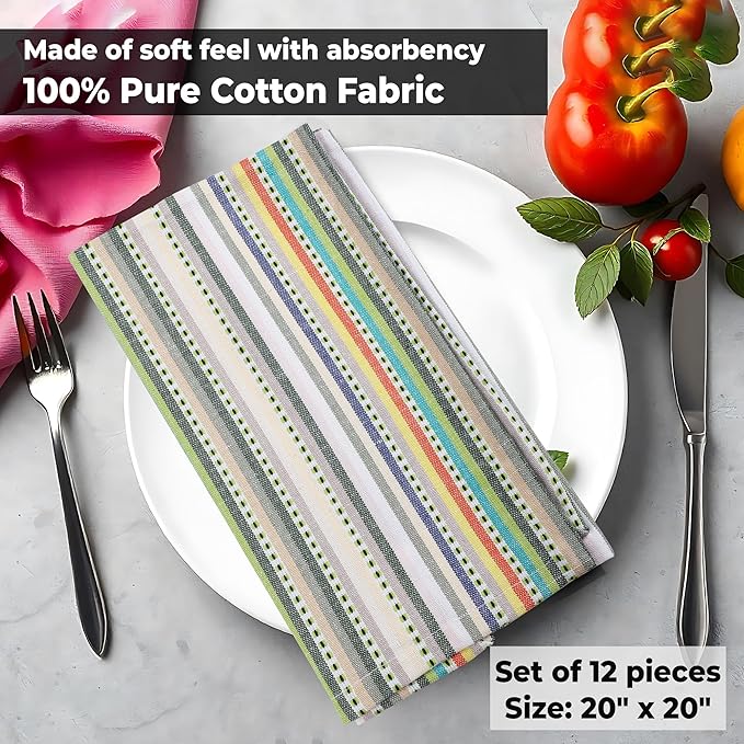 Urban Villa Cloth Napkins Set of 12 20x20 Inches 100% Cotton Napkins Cloth Washable Durable Reusable Absorbent Table Dinner Napkins Cloth for Hotel Lunch Restaurant Weddings Parties – Beige Stripes