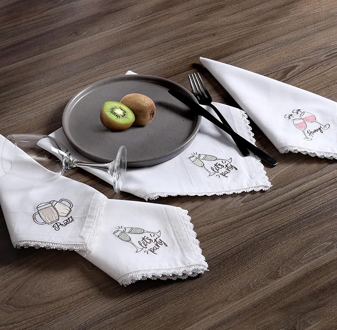 Bedding Craft Cotton Cloth Dinner Napkins Set of 12 – 18x18 Embroidered Motif with Decorative Lace Edges – Machine Washable Fabric Napkins for Weddings, Baby Showers, Christmas & Easter