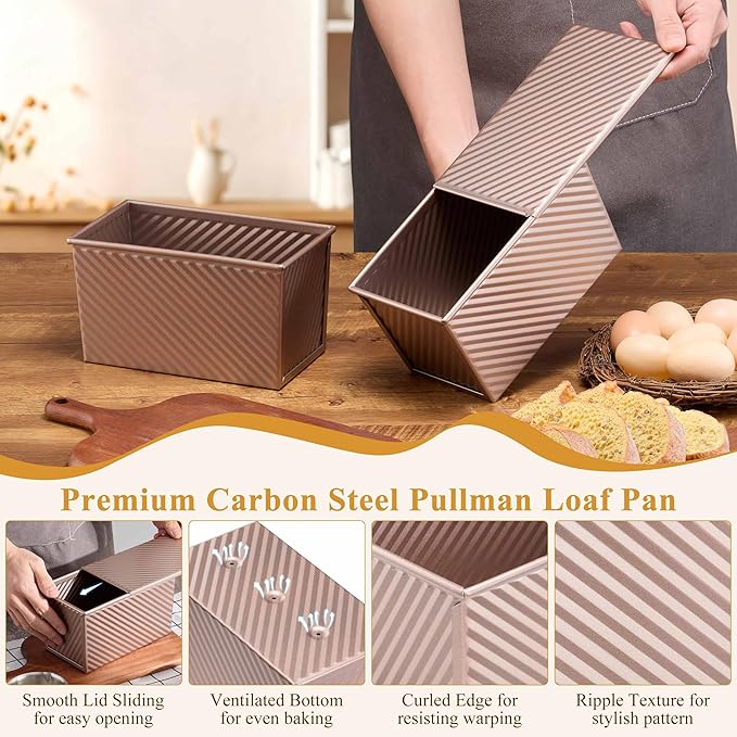 LIANYU Pullman Loaf Pan with Lid, 2 Pack 1 Pound Bread Loaf Baking Pan, Nonstick Homemade Sourdough Sandwich Bread Toast Box, Heavy Duty Corrugated Bakeware Tins with Cover, Rose Gold