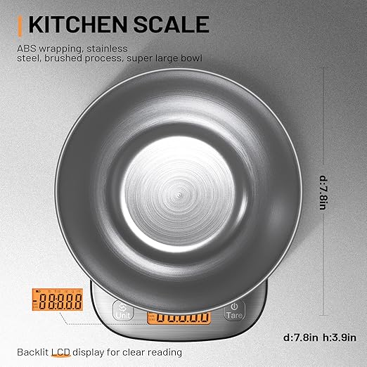 Food Kitchen Scale Digital Weight Grams and Oz with IPX6 Waterproof，Professional Stainless Steel Digital Kitchen Food Scale 11lb/0.01oz with Bowl for Weight Loss Dieting Baking Cooking