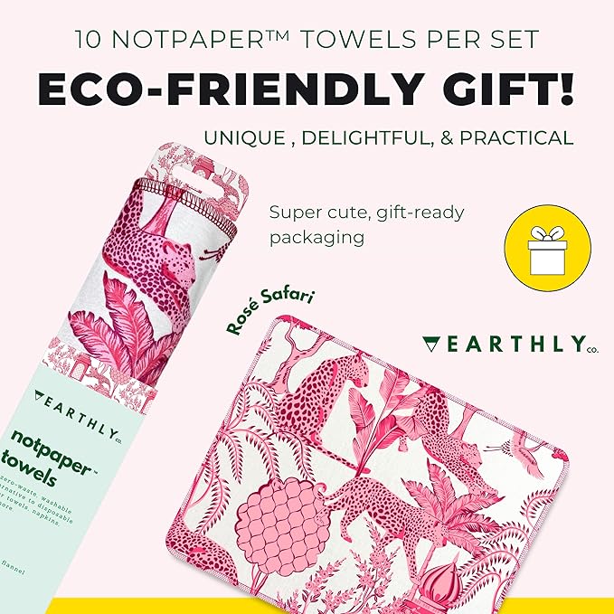 Reusable Paper Towels - 10 Pack - Roll of Washable Cotton Cloth Paper Towels - Paperless Reusable Napkins Cloth Washable - Absorbent + Long Lasting - Zero Waste Products - (Rosé Safari)