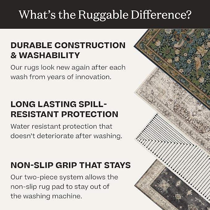 RUGGABLE Washable Area Rug – Kamran Admiral Blue 2.5'x12', Stain-Resistant, Non-Slip – Medium Machine Washable Rugs for Living Room, Bedroom, Hallway, Entryway & Office–with Standard Pad