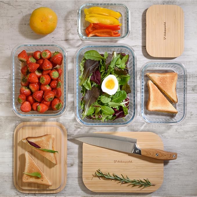 Ribbed Glass Tupperware Set with Bamboo Lids - 4 Stackable Meal Prep Containers. Durable heat resistant Inert Borosilicate Glass