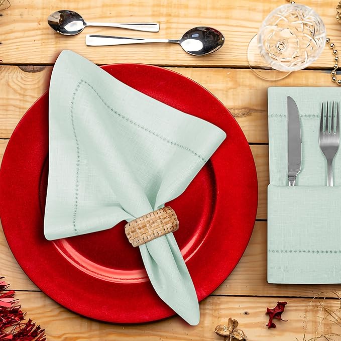 BEDDING CRAFT Set of 4 Hemstitch Pastle Blue Cloth Dinner Napkins 100% Linen - Soft Durable Washable -Ideal for Events Wedding Christmas Thanksgiving Newyear-Perfect Everyday Use Table Linen 18x18.