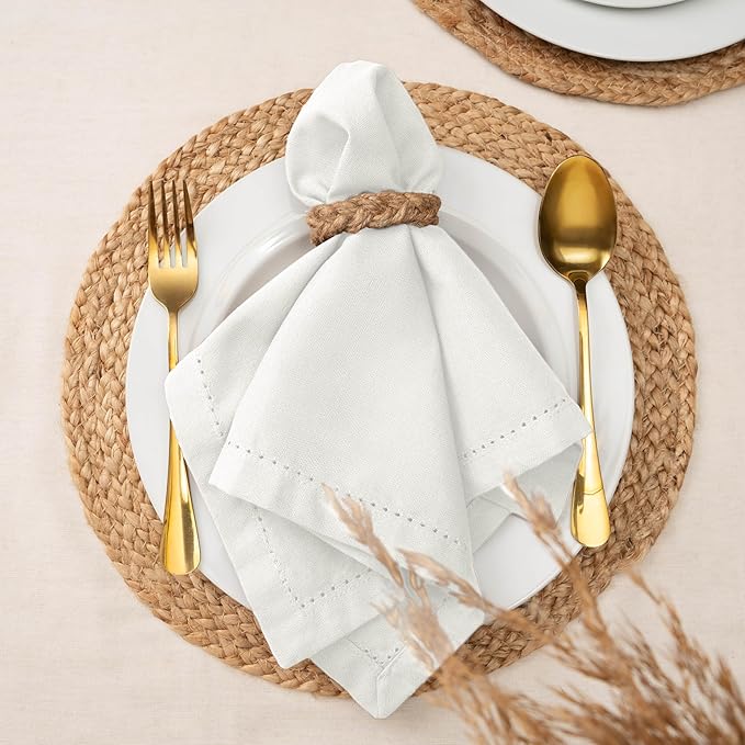 Blue Needles Set of 6 Hemstitch Linen Napkins 100% Cotton White Cloth Dinner Napkins 18x18 inches, Soft, Reusable, Absorbent, Washable, Ideal for Fall Thanksgiving Events, Parties & Everyday Use
