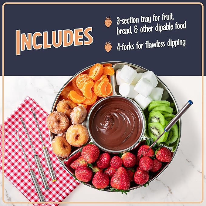 Nostalgia Electric Fondue Party Set – 10 oz Melting Pot, 4 Roasting Forks, & Detachable Serving Tray – Melted Cheese, Chocolate, or Dessert – Perfect for Gifts, Parties, Date Night – Stainless Steel
