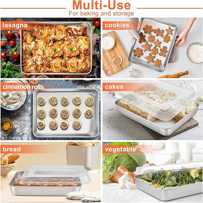 Herogo Baking Pan with Lid, 9 x 12 Inch Stainless Steel Lasagna Pan Deep, Rectangle Cakes Bakeware with Lid for Brownies Casseroles, Dishwasher Safe