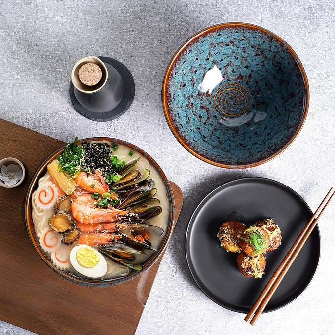 NUTRIUPS 8 Inch Ceramic Ramen Bowl Set of 2 Pho Bowls Japanese Noodle Udon Soup Bowls with Spoons and Chopsticks (Peacock Tail)