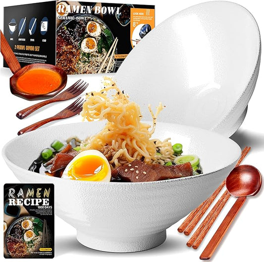 8-Inch Large Ceramic Ramen Bowl Set of 2 (9 Piece) - Microwave & Dishwasher Safe Porcelain Japanese Salad Noodles Cereal Fruit Pasta Soup Bowls with Recipes Chopsticks Forks Spoons for Men Women Gift