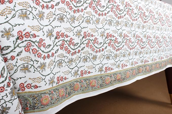 Ridhi Coral Pink Hand Block Print Cotton Rectangle Tablecloth 108 X 60 inches Reusable Table Cover Decorative Everyday Use for Dining Room, Farmhouse, Home, Party, Festive & Wedding, Fall
