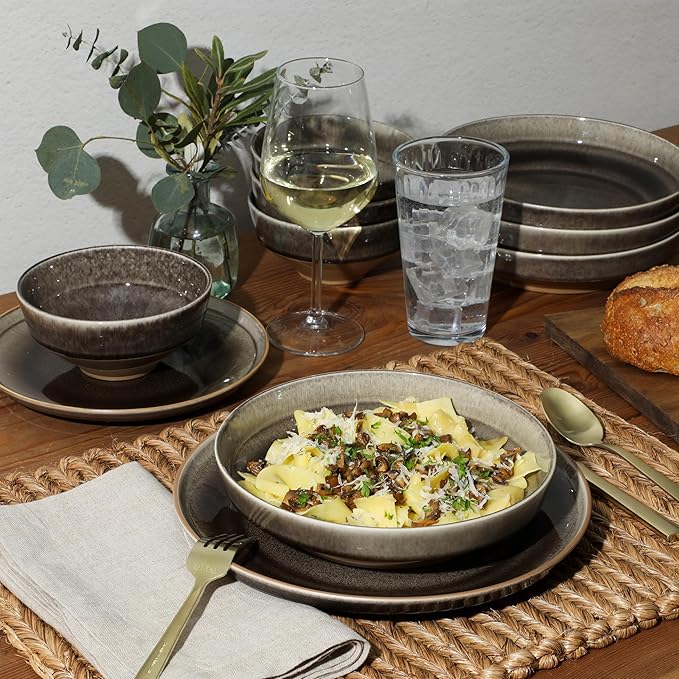 Gibson Elite Hailstone 16 Piece Stoneware Reactive Glaze (Service for 4) Ceramic Plates and Bowls Dinnerware Set - Black