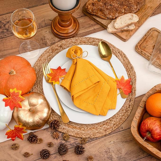 Blue Needles Set of 6 Hemstitch Linen Napkins 100% Cotton Golden Yellow Cloth Dinner Napkins 18x18 inches, Soft, Reusable Absorbent Washable, Ideal for Fall Thanksgiving Events, Parties & Everyday Use