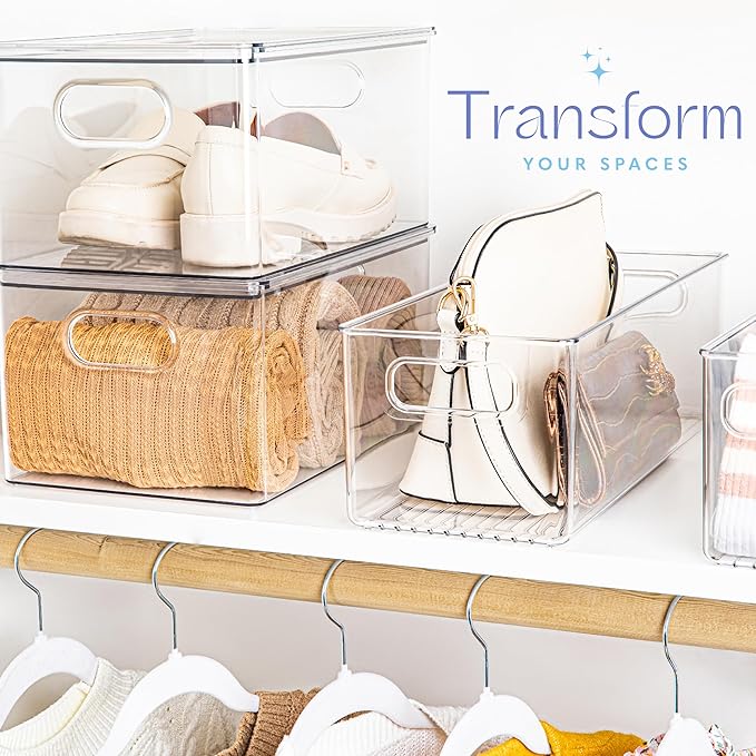 Plastic Food Storage 4 Pack Clear Container Bin with Handles for Organizing Kitchen, Pantry, Fridge, Freezer, Pantry, Bathroom. 14"x6"5"