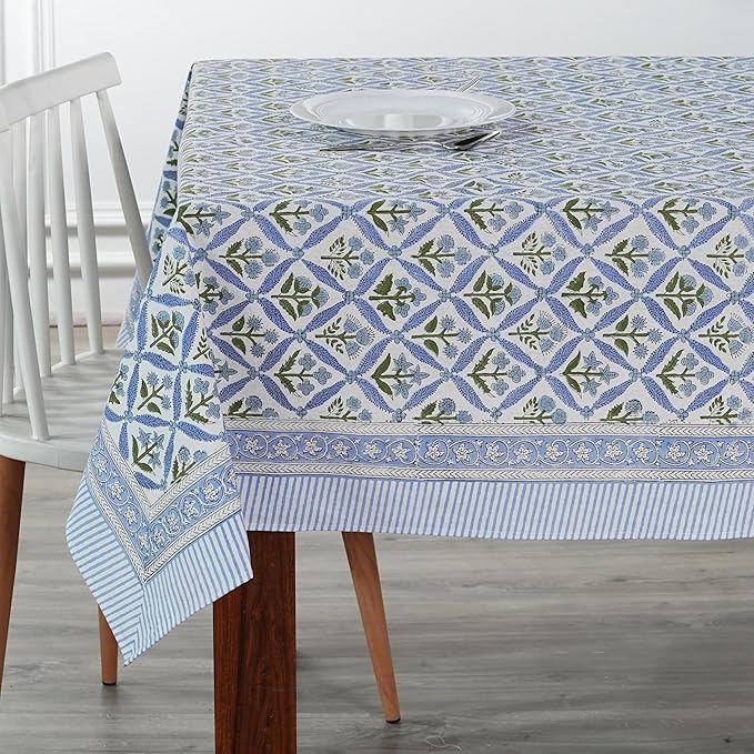 Ridhi Light Steel Blue Hand Block Print Cotton Rectangle Tablecloth 108 x 70 inches Reusable Table Cover Decorative Everyday Use for Dining Room, Farmhouse, Home, Party, Festive & Wedding, Fall
