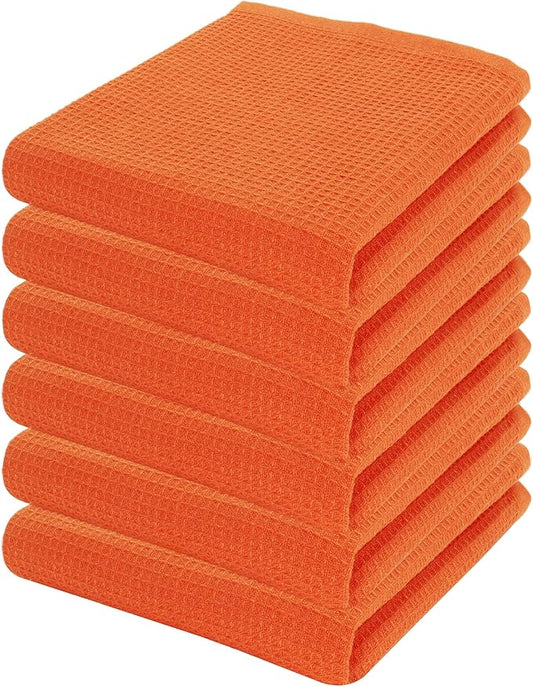 PurpleEssences Waffle Weave Kitchen Towel, 100% Cotton - 15x25 Inches, with Hanging Loop Ultra Soft Absorbent Quick Drying Dish Cloth, Tea and Hand Towels, 6 Pack - Christmas Holiday Winter - Orange