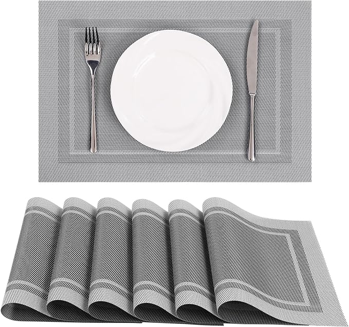 SHACOS Woven Vinyl Placemats Set of 6 Wipe Clean Place Mats for Dining Table Heat Resistant PVC Weave Table Mats Indoor Outdoor (6, Frame Grey)