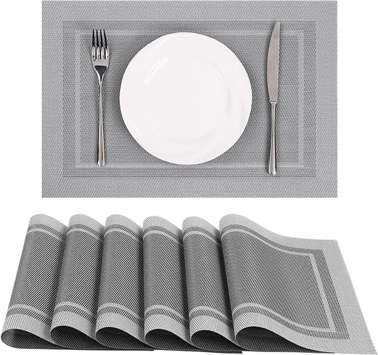 SHACOS Woven Vinyl Placemats Set of 6 Wipe Clean Place Mats for Dining Table Heat Resistant PVC Weave Table Mats Indoor Outdoor (6, Frame Grey)