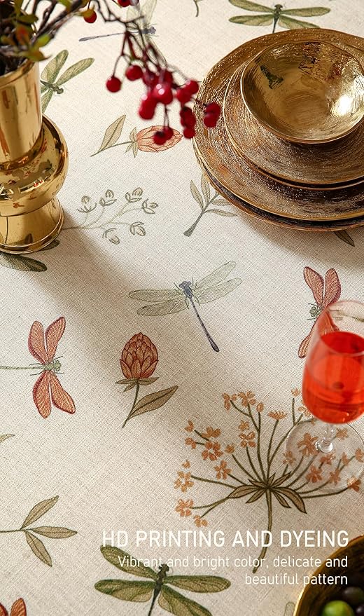 French Rectangular Tablecloth,Linen Table Cloth with Flowers and Red and Green Dragonflies Pattern,Heavy Durable Table Cover for Dining Thanksgiving Kitchen Decor Party Christmas,63"*94"