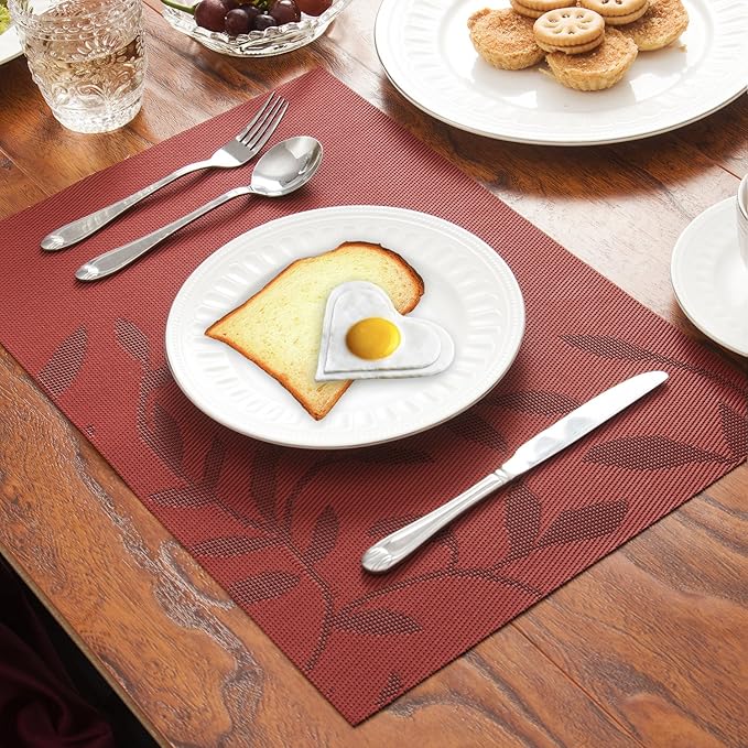 SHACOS Woven Vinyl Placemats Set of 8 Red Leaf Pattern Wipeable Place Mats for Dining Table Heat Resistant PVC Table Mats Indoor Outdoor (8, Leaf Red)