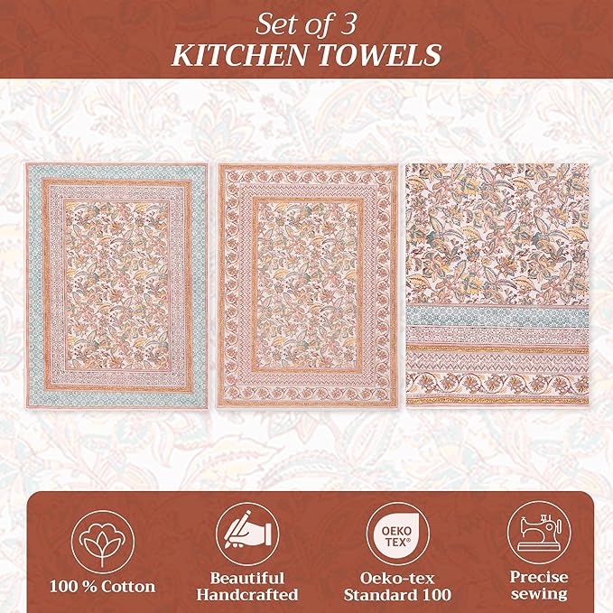 Maison d' Hermine Kitchen Towels Set of 3 100% Cotton 20" x 27.5" Reusable Cloth Tea Dish Towels Absorbent with Hanging Loop for Kitchen Dining Thanksgiving Christmas Decorations (Nila)