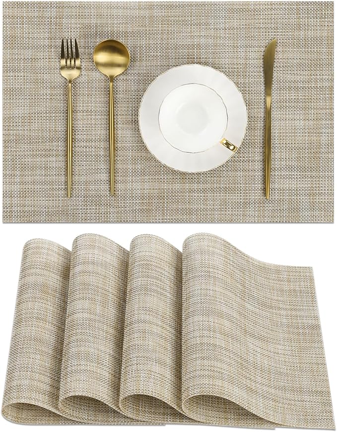 SHACOS Easy Clean Placemats Set of 4 Woven Vinyl Reversible Plastic Place Mats Heat Resistant Stain Resistant Dining Table Mats Indoor Outdoor Table Decor, Beige