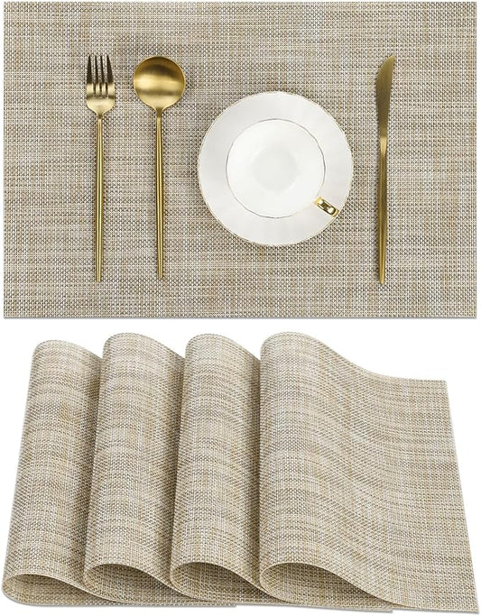 SHACOS Easy Clean Placemats Set of 4 Woven Vinyl Reversible Plastic Place Mats Heat Resistant Stain Resistant Dining Table Mats Indoor Outdoor Table Decor, Beige
